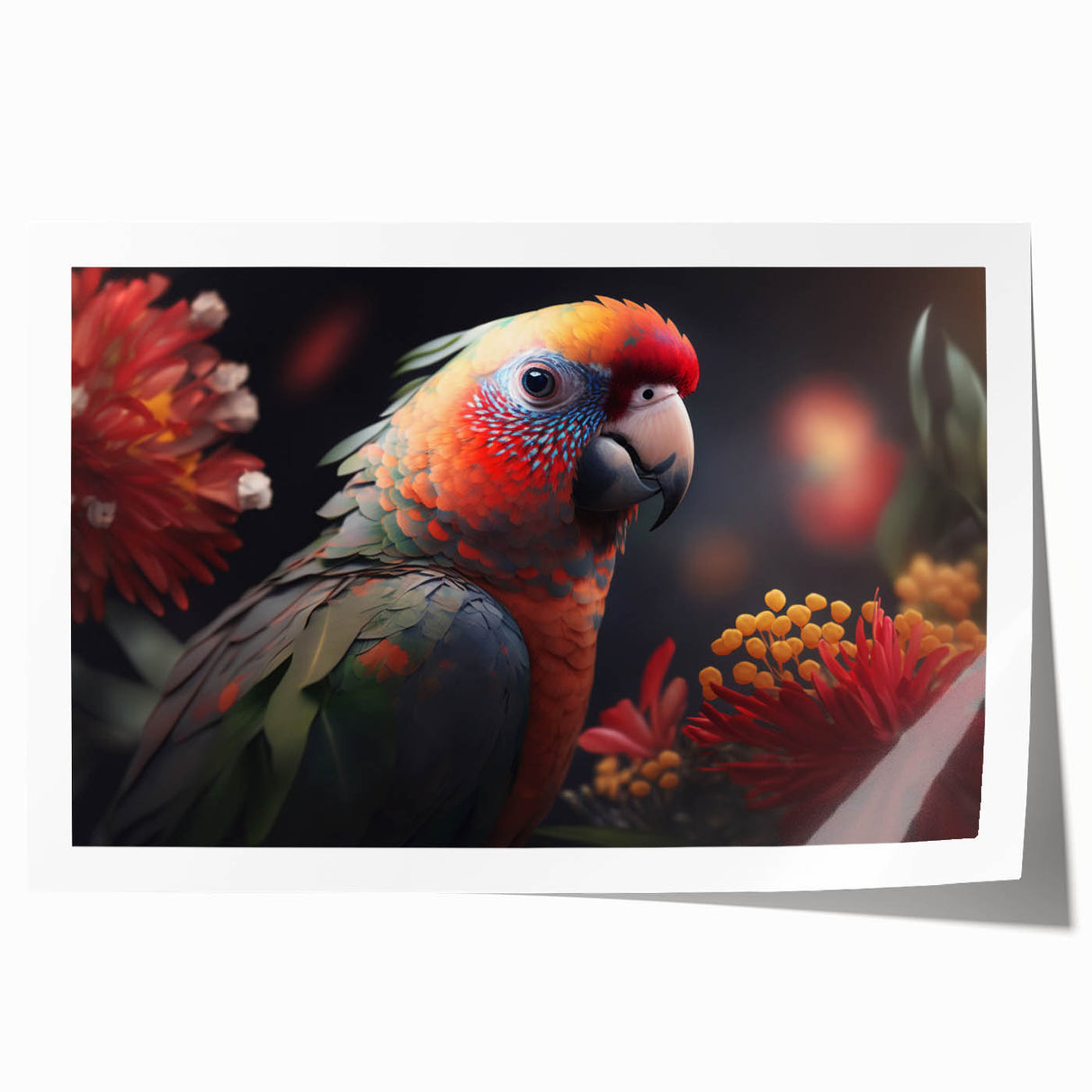 Colorful wall art featuring a vibrant parrot design with intricate details, perfect for home decor. The rolled print showcases rich greens and yellows, ideal for bird lovers and nature enthusiasts.