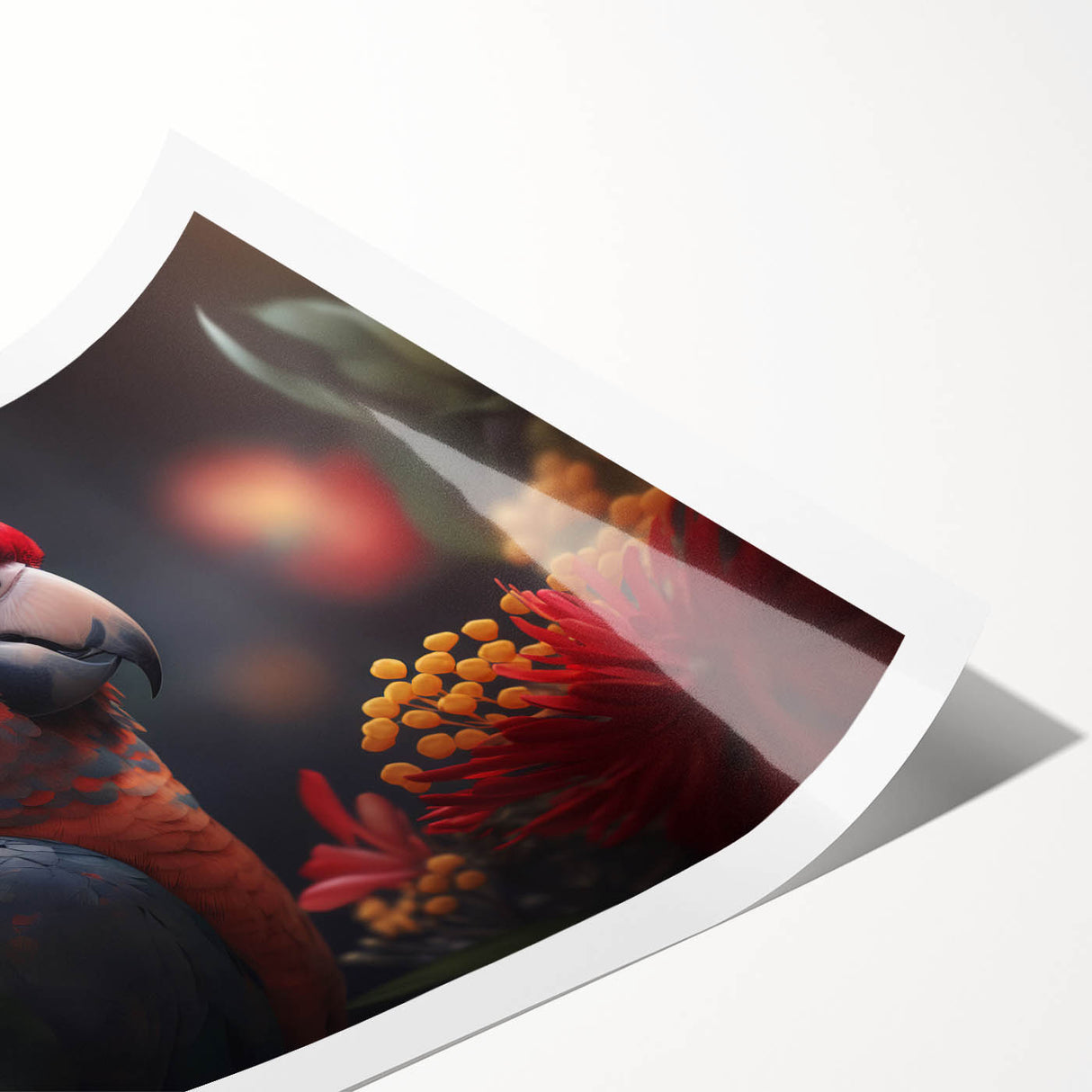 Vibrant wall art print showcasing a colorful collection of parrots perched on branches, ideal for tropical-themed decor. Features intricate details and a lively design, perfect for adding a touch of nature to any space.