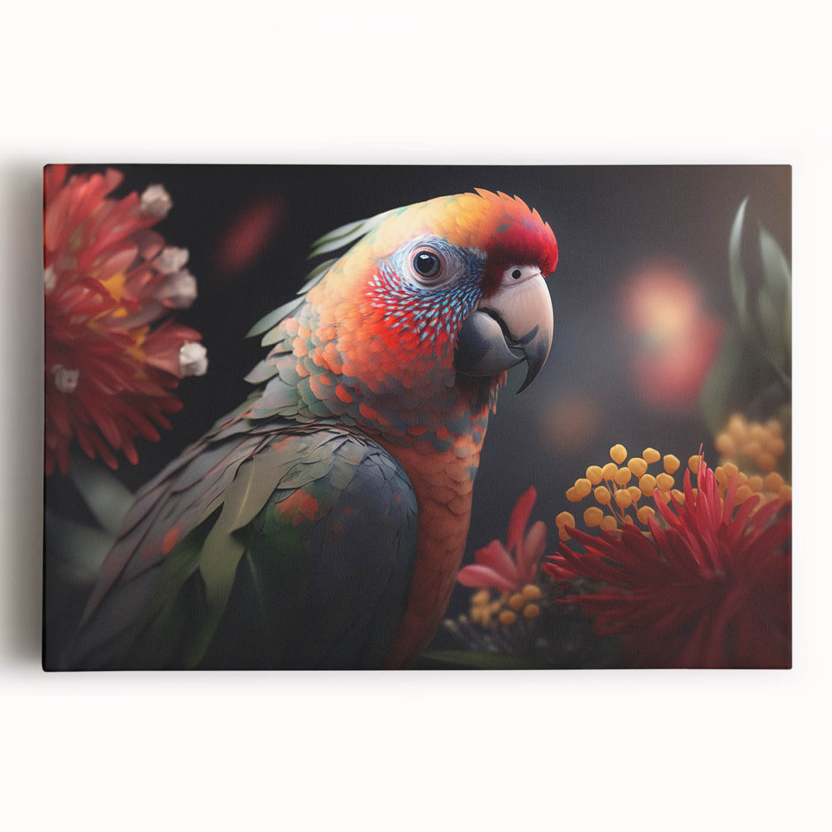Vibrant stretched canvas wall art featuring a colorful parrot design, showcasing intricate details and bold hues, perfect for adding a tropical touch to home decor.