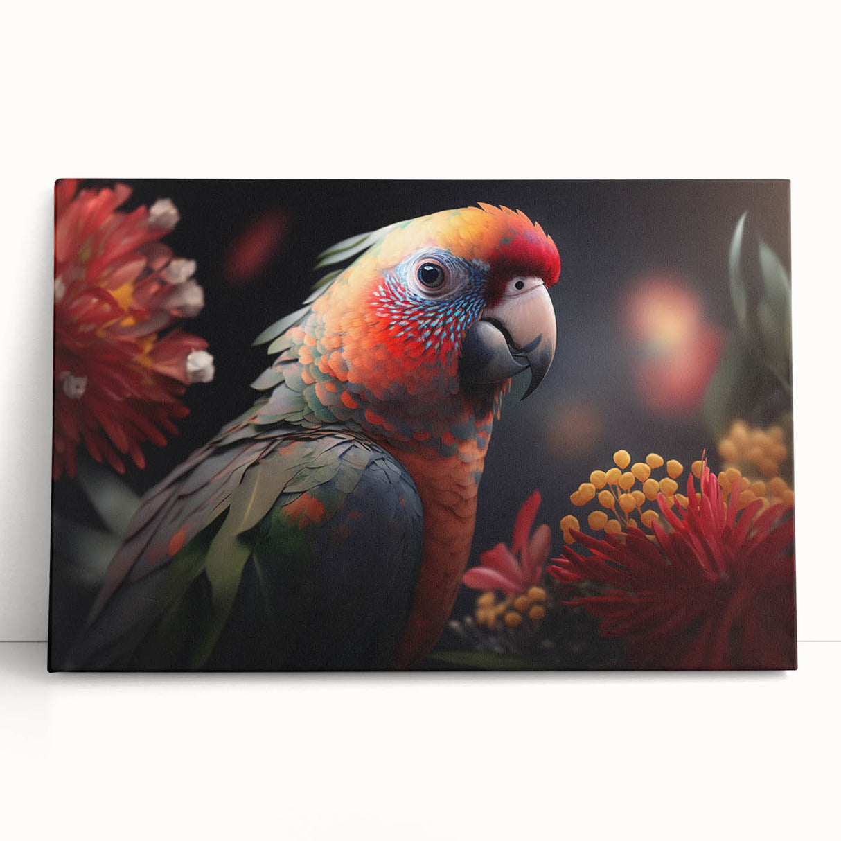 Vibrant stretched canvas wall art showcasing a colorful parrot design, perfect for adding a tropical aesthetic to home decor. Ideal for bird lovers and nature enthusiasts.