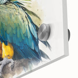 Colorful close-up of a vibrant acrylic wall art piece featuring various parrot species in a tropical setting, ideal for modern home decor and bird enthusiasts.