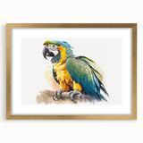 Framed wall art showcasing a vibrant design of colorful parrots against a gold backdrop, perfect for tropical-themed decor. The piece includes a stylish mat that enhances its elegance, ideal for living spaces or art galleries.