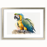 Framed wall art featuring a vibrant parrot design in bright colors, elegantly displayed with a silver mat, perfect for adding tropical flair to home decor.
