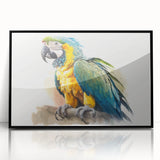 Framed wall art featuring a vibrant design of colorful parrots, displayed in a sleek black frame, perfect for enhancing home decor with a tropical touch.