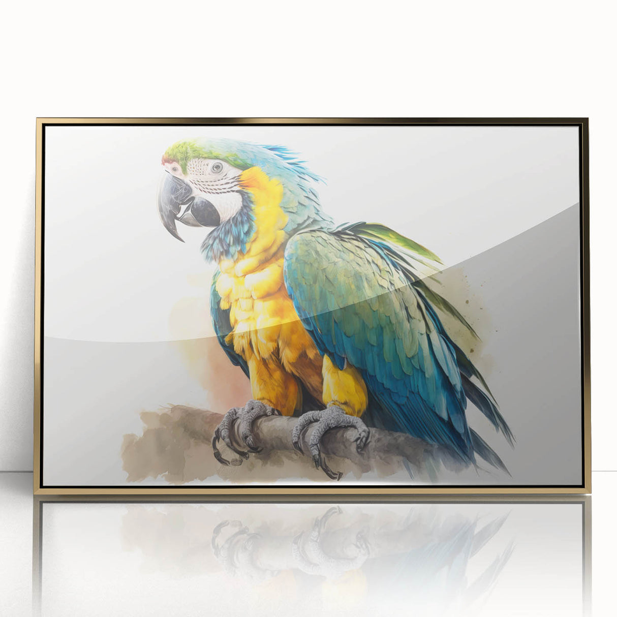 Framed wall art featuring a vibrant parrot design in acrylic with a gold border, showcasing tropical colors and intricate details, ideal for enhancing decor.
