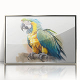 Framed wall art featuring a vibrant design of colorful parrots against a silver background, showcasing detailed brushwork and a modern aesthetic, ideal for home decor.