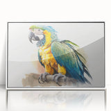 Framed wall art showcasing a vibrant parrot design with colorful feathers, displayed in a sleek white frame, perfect for tropical-themed decor.
