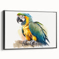 Framed canvas artwork showcasing a vibrant design of tropical parrots on a black background, displayed in a stylish side profile view, perfect for home decor.