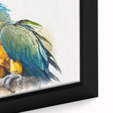 Vibrant close-up of a framed wall art canvas featuring colorful parrots in a tropical setting, showcasing intricate details and textures for a lively home decor accent.