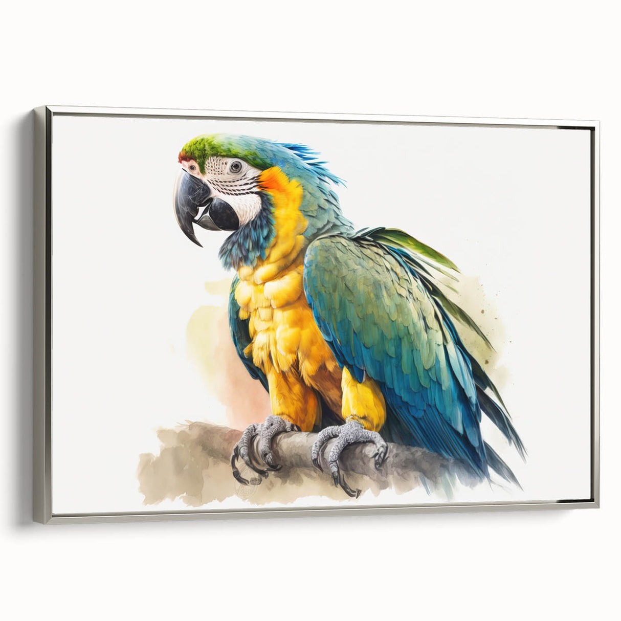 Framed wall art featuring a vibrant design of colorful parrots, showcased in a sleek silver frame, ideal for adding a tropical touch to any decor. Perfect for bird lovers and home decorators.