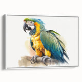 Framed wall art featuring a vibrant parrot design on a textured canvas, showcasing colorful birds against a white background, ideal for home decor.