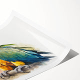 Vibrant rolled print showcasing a colorful parrot design, perfect for home decor. This artwork features lush greens and vivid blues, adding a tropical flair.
