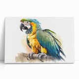 Colorful canvas wall art featuring a vibrant design of tropical parrots perched on branches, showcasing bright greens, blues, and yellows, ideal for home decor.