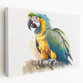 Vibrant wall art collection featuring colorful parrot designs on stretched canvas, showcasing a side view with intricate details and vivid hues perfect for home decor.