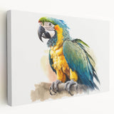 Vibrant wall art collection featuring colorful parrot designs on stretched canvas, showcasing a side view with intricate details and vivid hues perfect for home decor.