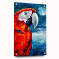 Vibrant wall art collection featuring colorful parrot designs printed on acrylic glass, displayed with pins against a neutral background, ideal for tropical decor.