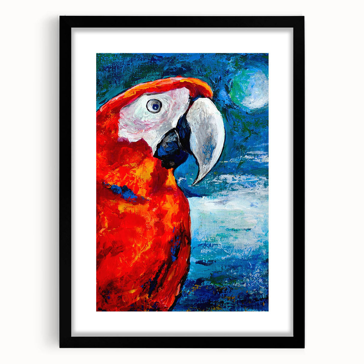 Framed wall art collection featuring colorful parrot designs on a black background, perfect for enhancing modern home decor. The artwork is matted for added elegance and protection.