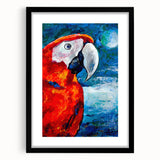 Framed wall art collection featuring colorful parrot designs on a black background, perfect for enhancing modern home decor. The artwork is matted for added elegance and protection.