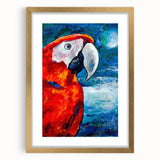 Framed wall art featuring a vibrant collection of colorful parrots on a textured mat, elegantly set in a gold frame, perfect for enhancing home decor.