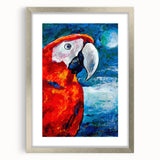 Framed wall art featuring a vibrant collection of parrot designs in a silver frame, accented with a white mat, ideal for tropical-themed decor or bird enthusiasts.