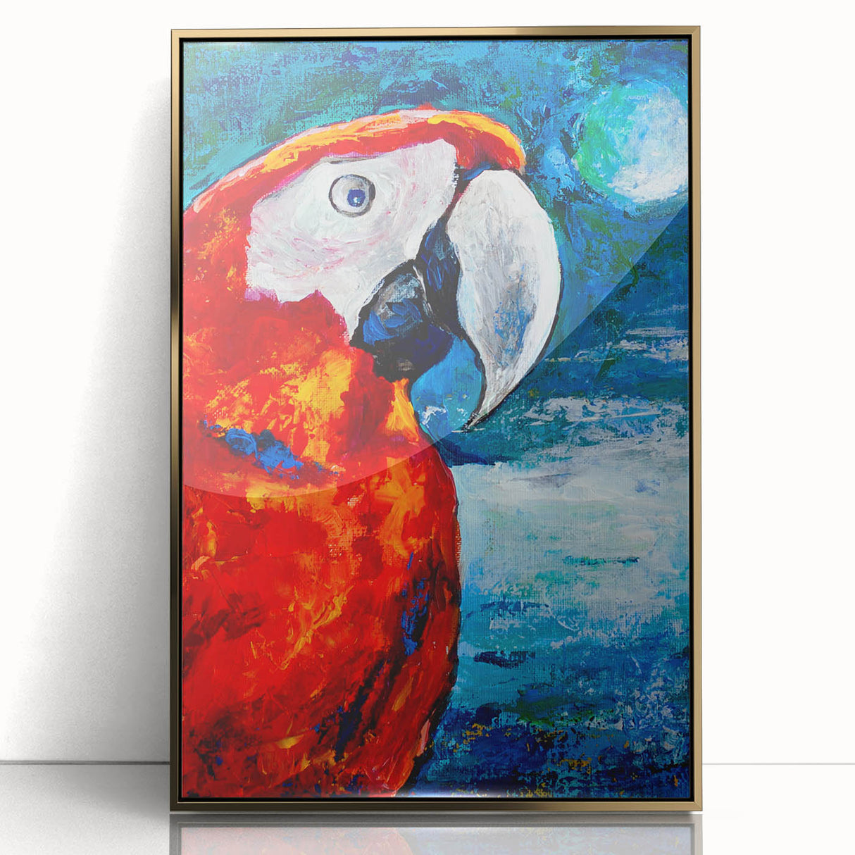 Framed wall art featuring a vibrant collection of colorful parrots in various poses, set against a sleek gold-acrylic background, perfect for adding a tropical touch to home decor.