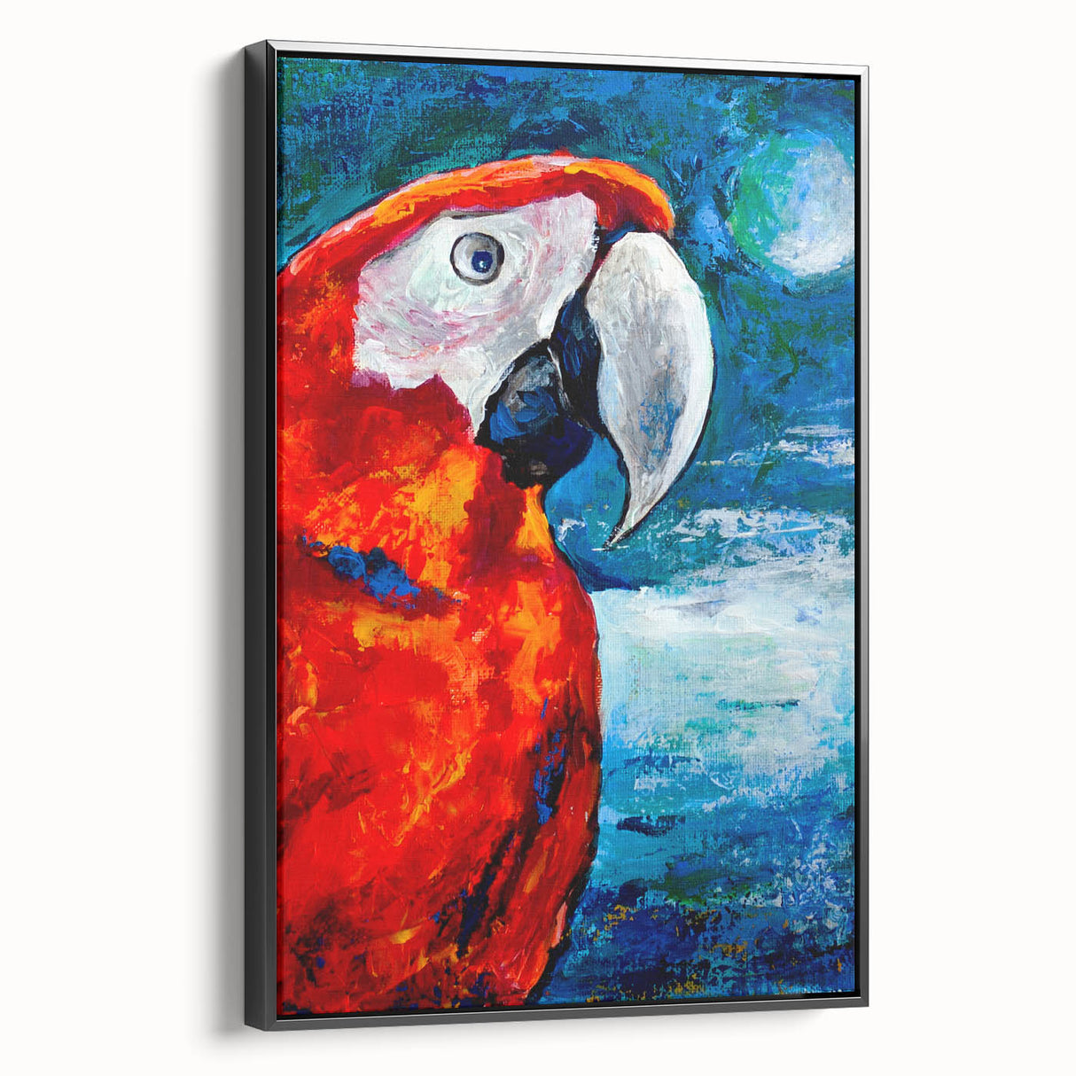 Framed canvas wall art featuring colorful parrot and bird designs, presented in a sleek black frame, ideal for vibrant home decor accents. Perfect for bird lovers.