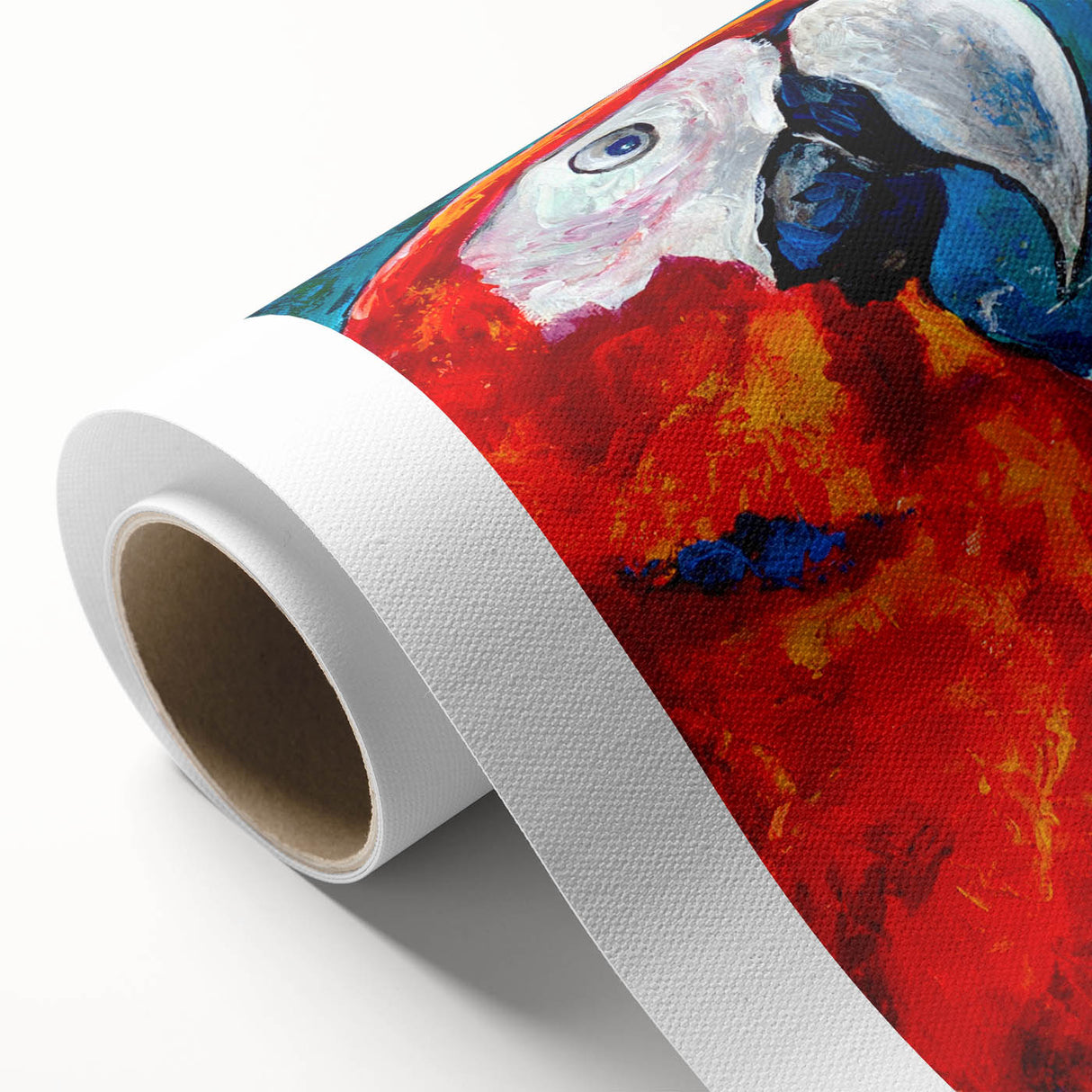Vibrant rolled canvas artwork showcasing colorful parrots in a tropical setting, perfect for enhancing home decor with a lively touch. The design captures intricate details and vivid colors, ideal for nature lovers and bird enthusiasts.