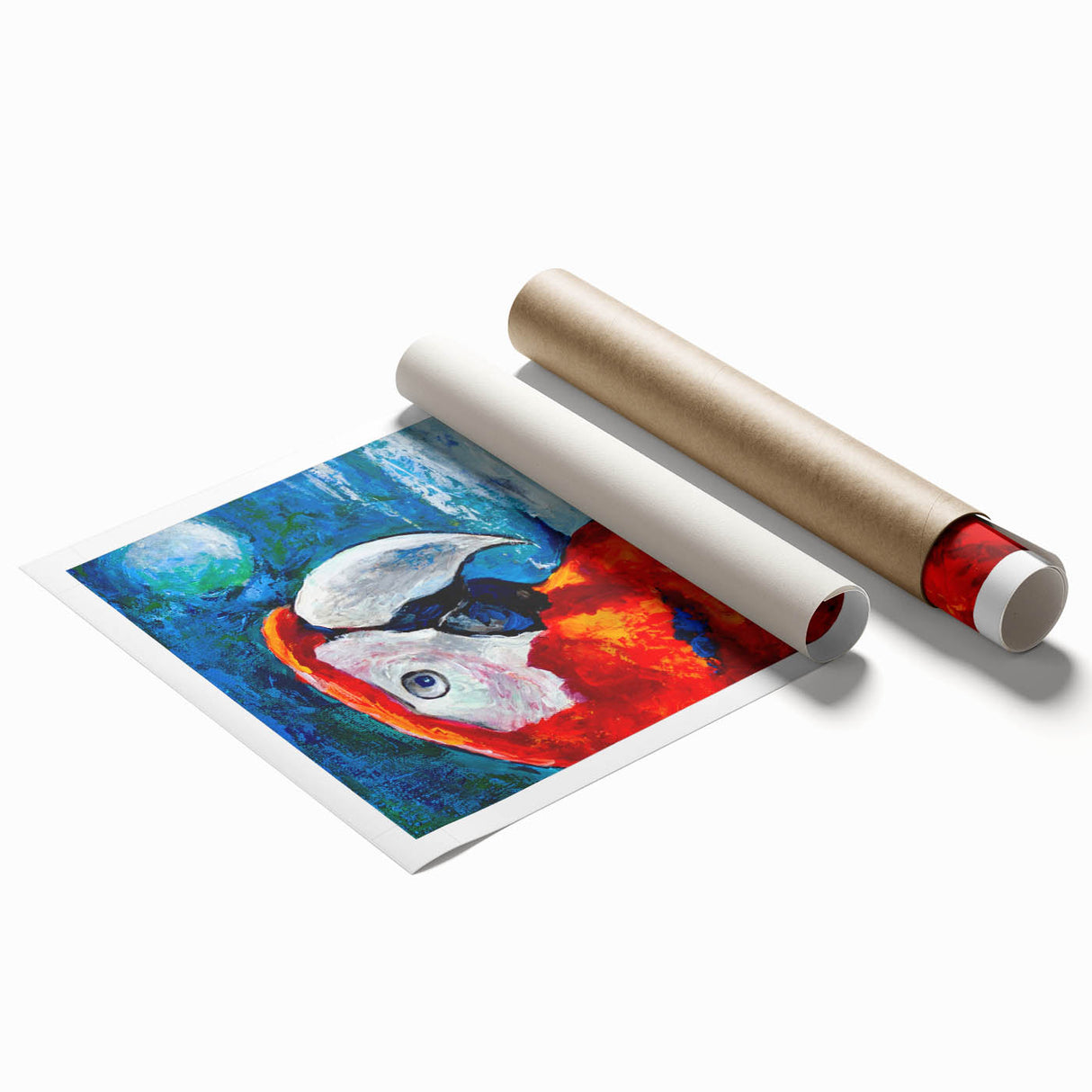 Vibrant rolled print showcasing a colorful collection of parrot illustrations in a tropical setting, perfect for enhancing home decor with nature-inspired art.