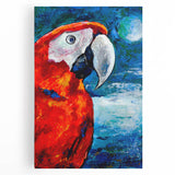 Vibrant wall art featuring a collection of colorful parrots on stretched canvas, showcasing intricate details and a lively tropical theme, perfect for home decor.