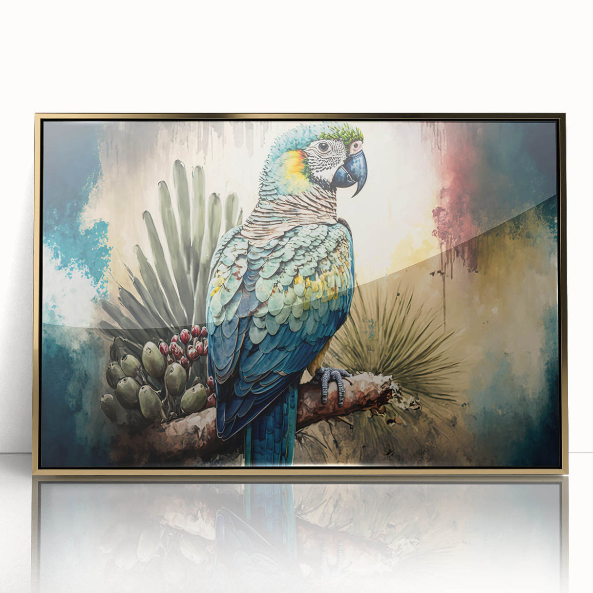 Framed wall art collection showcasing vibrant parrots in a tropical design, featuring a gold-acrylic finish for an elegant touch, perfect for modern decor.