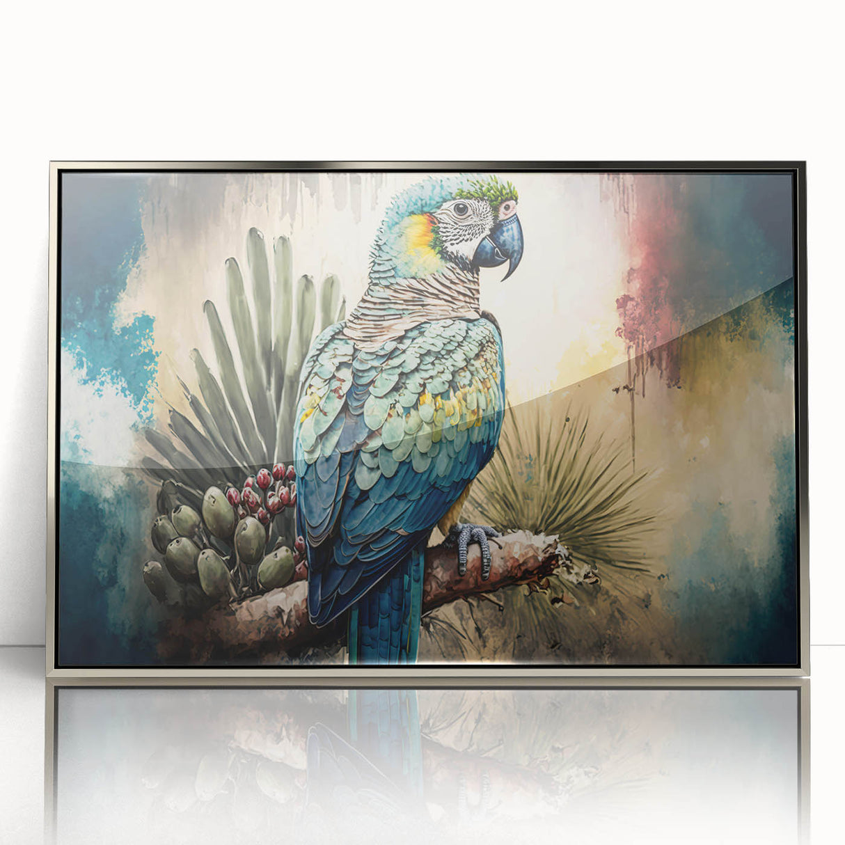 Framed wall art featuring a vibrant design of colorful parrots in a lush tropical setting, with a sleek silver frame that enhances any decor style.