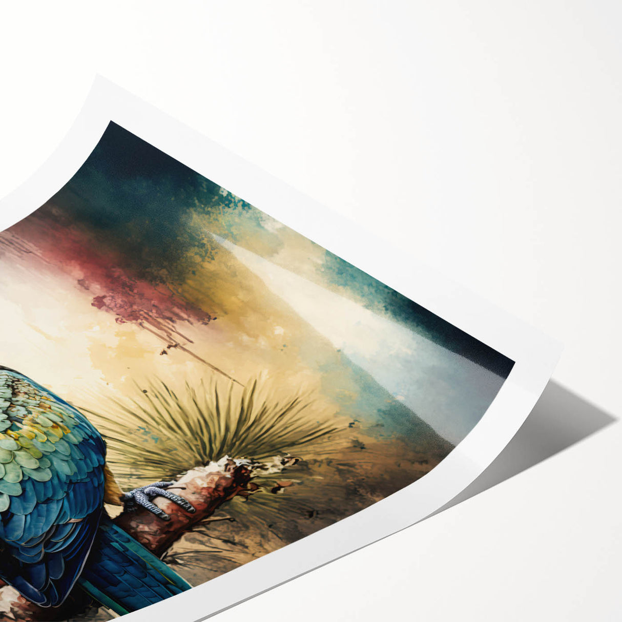 Colorful wall art print featuring a collection of vibrant parrots in various poses, showcasing intricate details and rich hues, ideal for bird lovers and home decor enthusiasts. This rolled print is perfect for adding a tropical touch to any interior space.