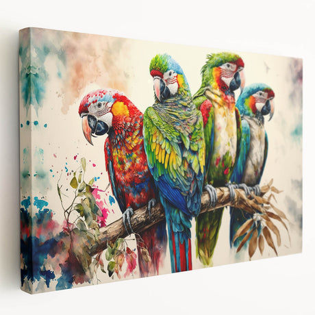 Vibrant wall art collection featuring a side view of colorful parrot designs on stretched canvas, perfect for adding a tropical touch to home decor.