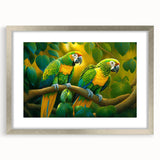 Framed wall art collection showcasing vibrant parrot designs, featuring a silver frame with a mat, perfect for adding a tropical touch to any decor.