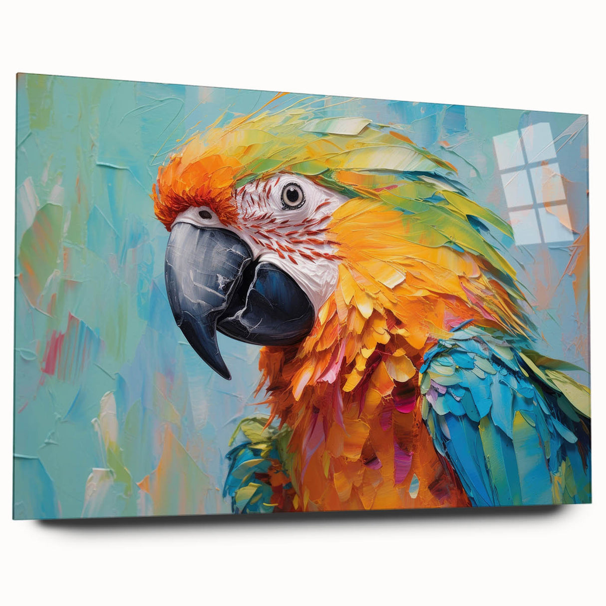 Colorful acrylic wall art collection depicting vibrant parrots, displayed in a side view without pins. Ideal for adding a tropical touch to any space.