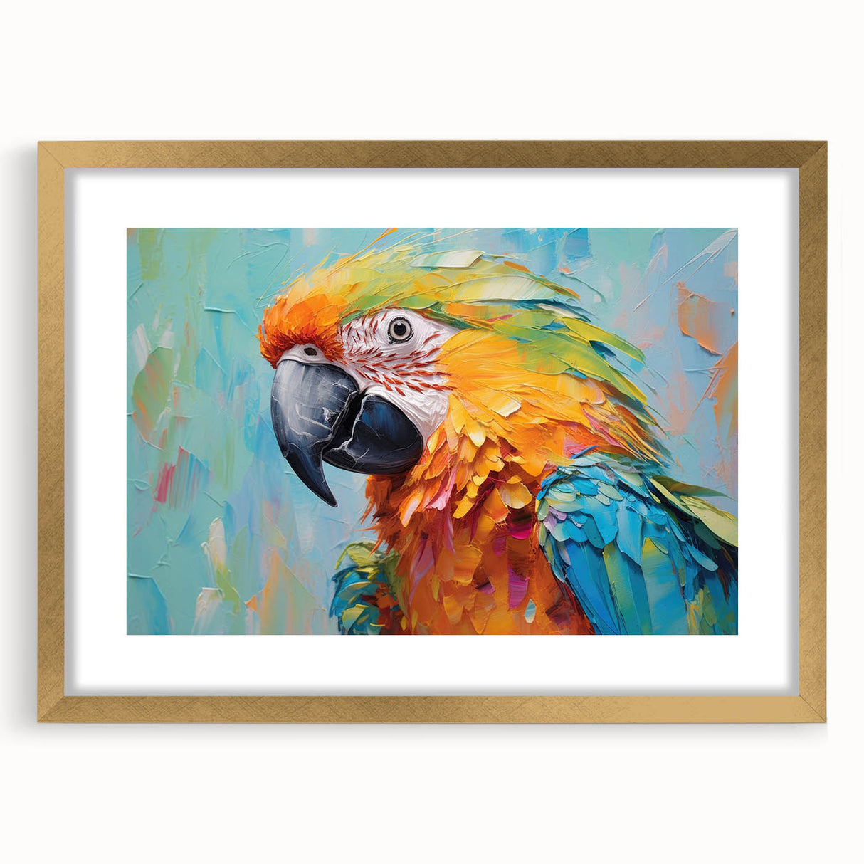 Framed wall art featuring a vibrant design of colorful parrots, set in an elegant gold frame with a mat, ideal for tropical-themed decor. Perfect for enhancing living spaces.