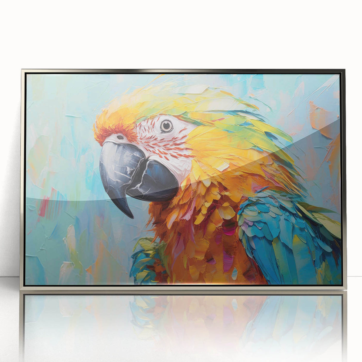 Framed wall art featuring a vibrant collection of parrot designs in acrylic with a sleek silver frame, showcasing colorful tropical birds against a stylish backdrop. Ideal for enhancing modern home decor.