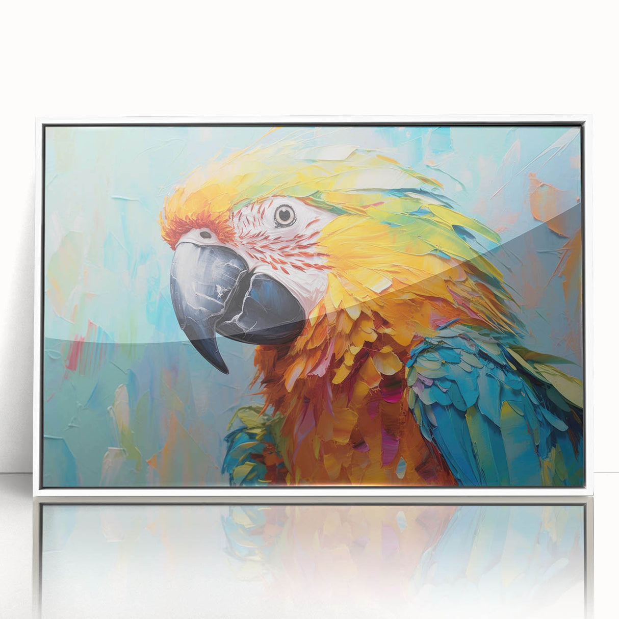 Framed wall art featuring vibrant parrot design in a modern white frame, showcasing colorful birds in a tropical setting, perfect for home or office decor.