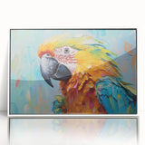 Framed wall art featuring vibrant parrot design in a modern white frame, showcasing colorful birds in a tropical setting, perfect for home or office decor.