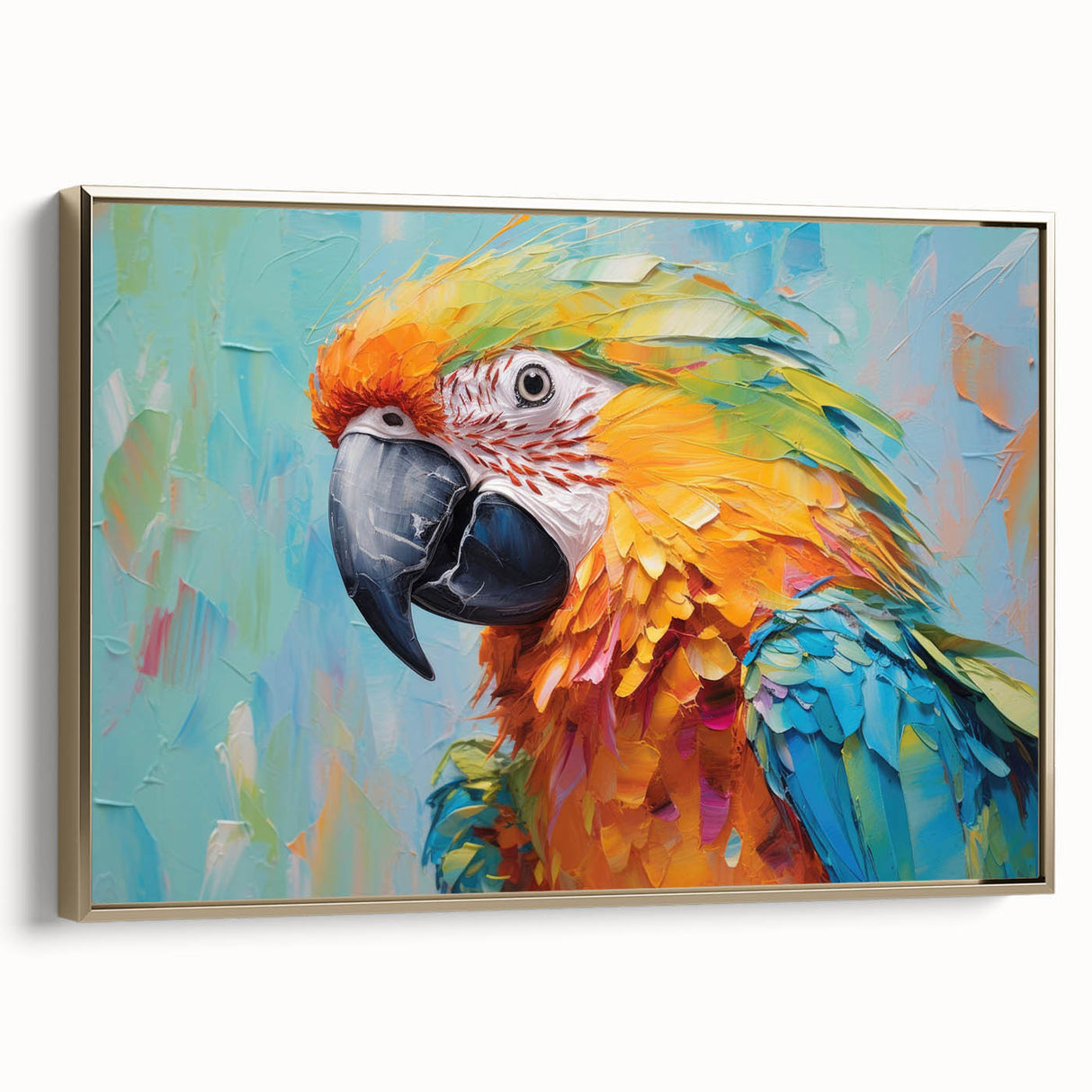 Framed canvas wall art featuring a vibrant collection of colorful parrots set against a gold background. This eye-catching design adds a tropical flair to any decor.