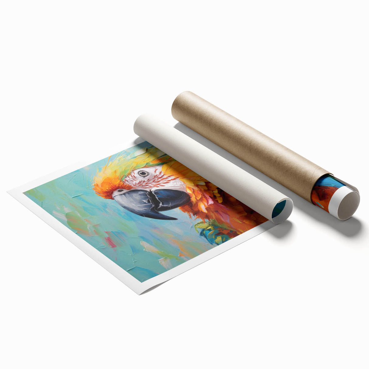 Vibrant rolled print of colorful parrots against a lush green background, showcasing intricate details and vivid colors, perfect for enhancing home decor.