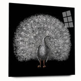 Vibrant peacock design wall art made of acrylic glass, showcasing striking colors and intricate details from a side view, ideal for enhancing modern decor.