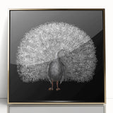 Framed wall art featuring a vibrant peacock design with intricate details and a gold-accented frame, perfect for adding elegance to home decor.