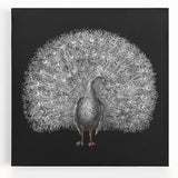 Vibrant peacock design stretched canvas wall art showcasing intricate feathers in rich blues and greens, perfect for enhancing modern home decor.