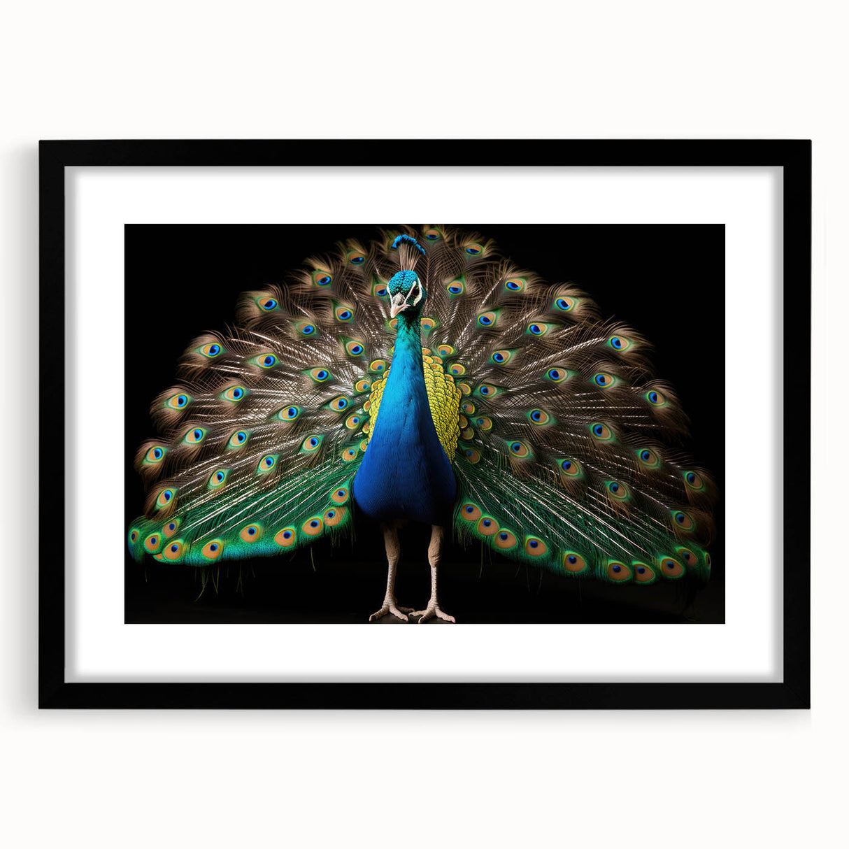 Peacock-themed wall art design in a sleek black frame, showcasing vibrant colors and intricate details, perfect for enhancing modern interior decor.