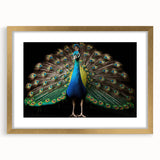Elegant peacock design wall art framed in gold with a white mat, showcasing vibrant colors and intricate details, perfect for enhancing home decor.