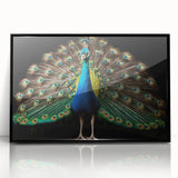 Framed wall art featuring an intricate peacock design with vibrant colors, set against a sleek black frame, perfect for enhancing modern home decor.
