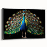 Framed canvas wall art featuring a vibrant peacock design in rich blues and greens, showcasing intricate feather details and a sleek black frame, perfect for modern decor.