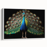 Framed wall art displaying a vibrant peacock design on canvas, showcasing intricate colors and patterns, perfect for enhancing home decor with a touch of elegance.