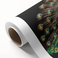 Vibrant rolled canvas featuring an intricate peacock design, showcasing vivid blues and greens, perfect for enhancing modern decor in living spaces.